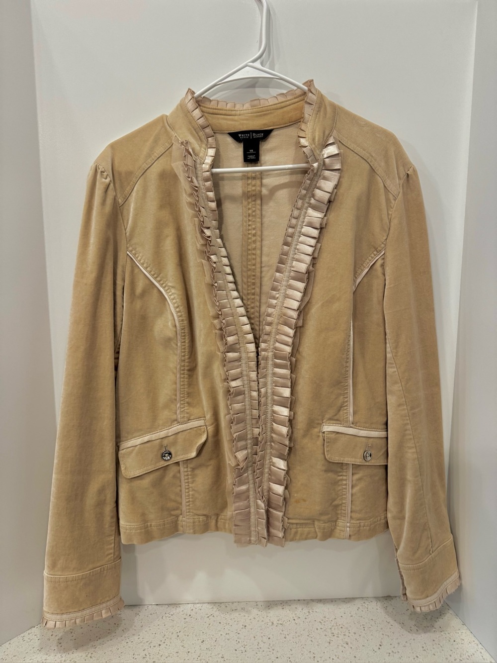 White House Black Market Tan Ruffled Open Jacket - Size 14